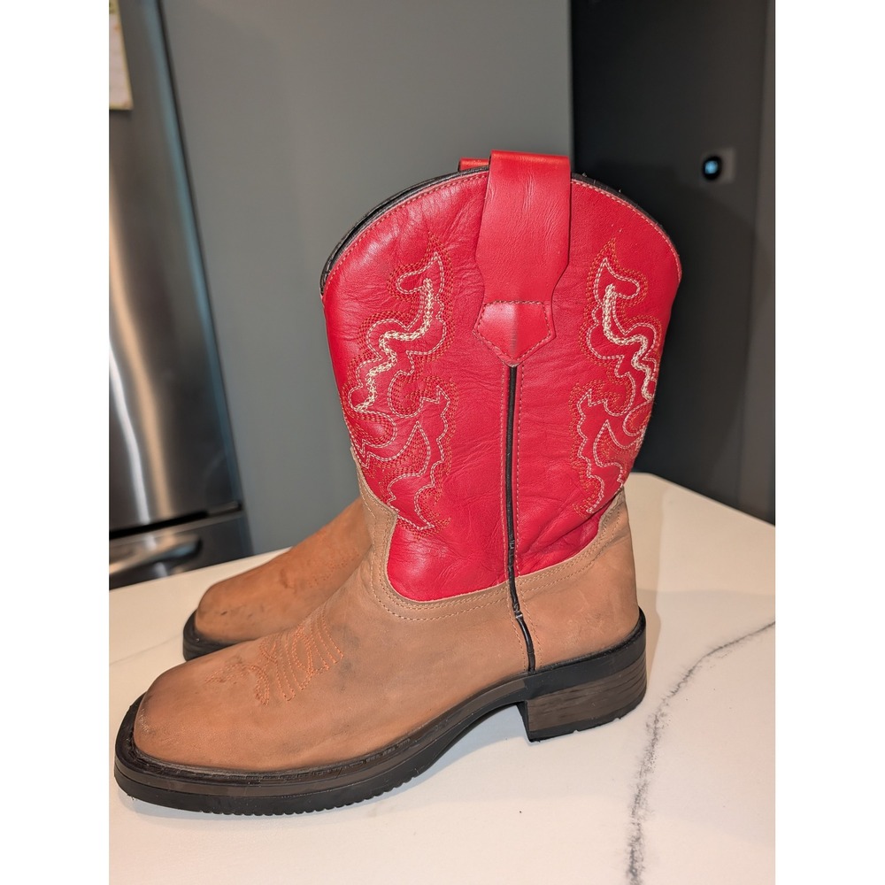 J.B. Dillon Kids Size 4 Leather Cowboy Boots Red Tan Square Toe Western